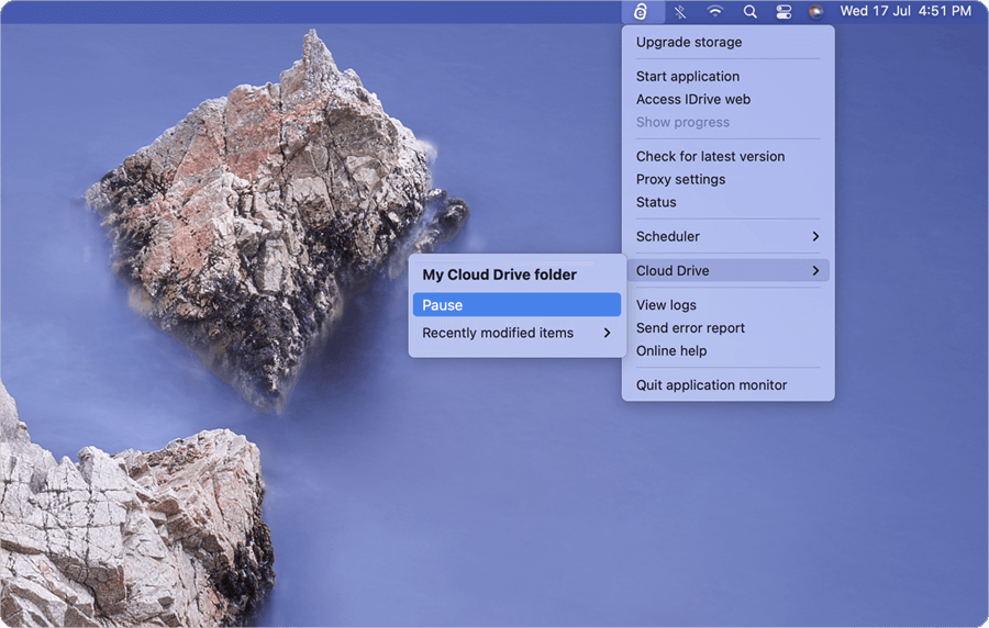 IDrive Cloud Drive menu with Pause and Resume options on Mac screenshot