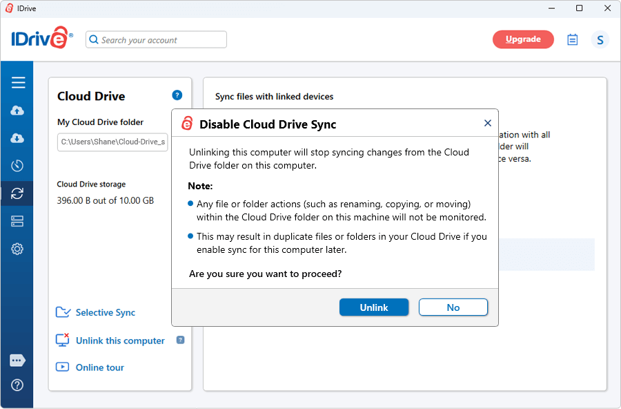 Unlink computer from Cloud Drive confirmation dialog screenshot