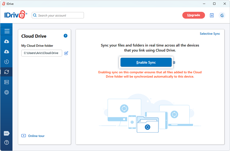 Cloud Drive tab with Enable Sync on Windows IDrive application screenshot