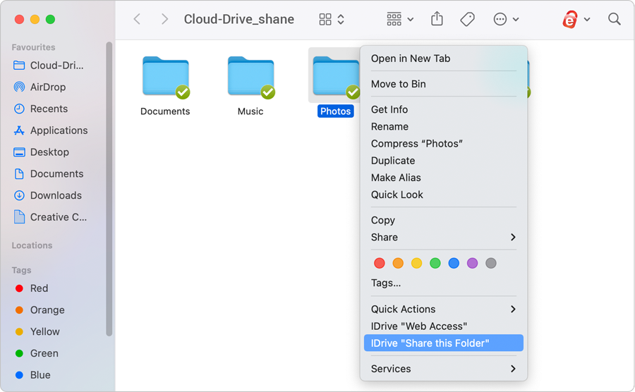 IDrive share file context menu in Sync folder on Mac screenshot