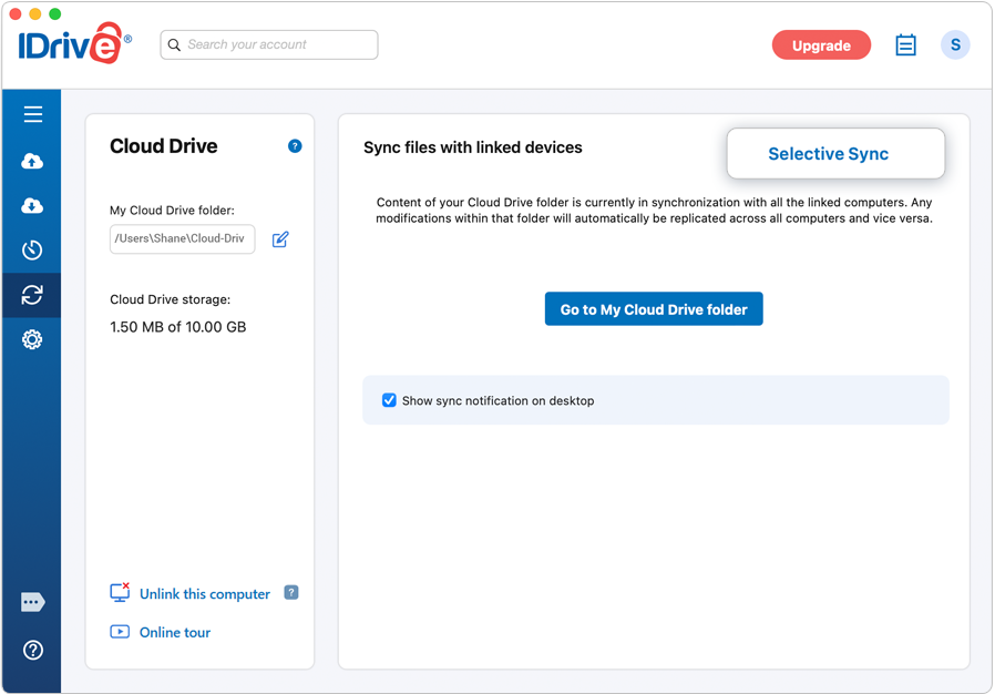 Selective Sync feature in IDrive Cloud Drive on Mac screenshot