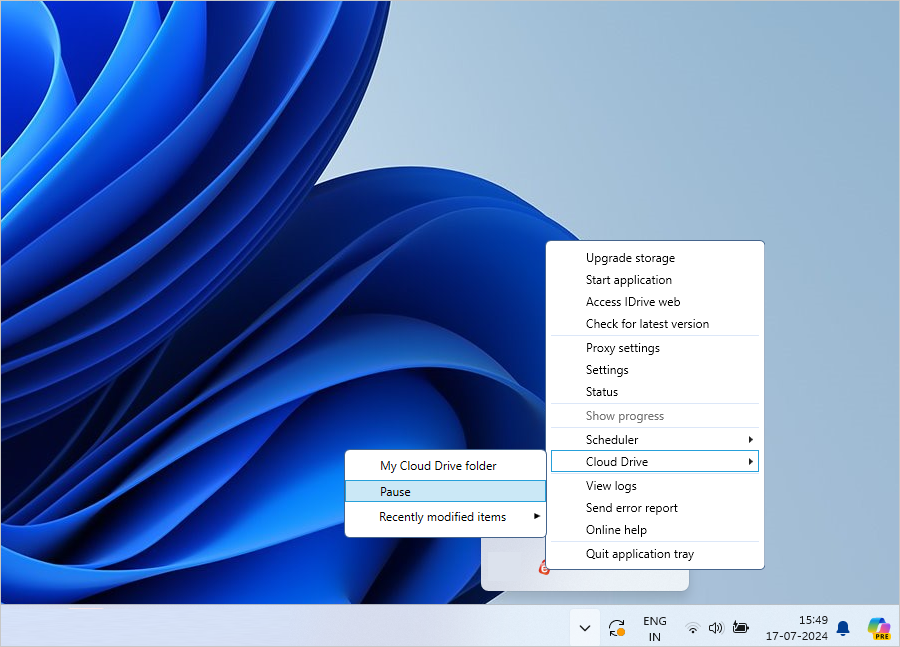 IDrive system tray menu with Cloud Drive Pause and Resume options screenshot