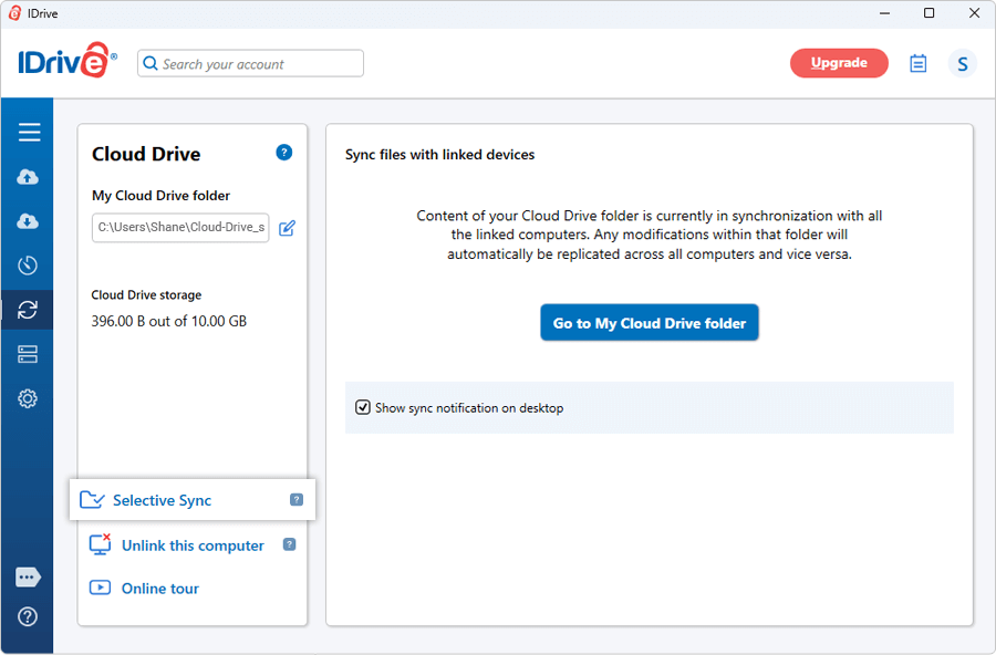 Selective Sync folder selection feature in IDrive Cloud Drive screenshot