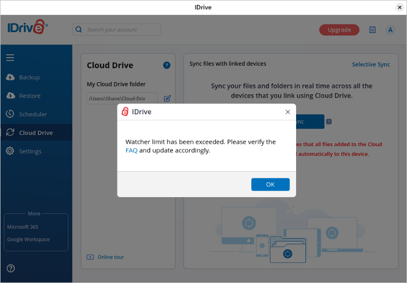 Watcher limit notification in IDrive Cloud Drive on Linux screenshot
