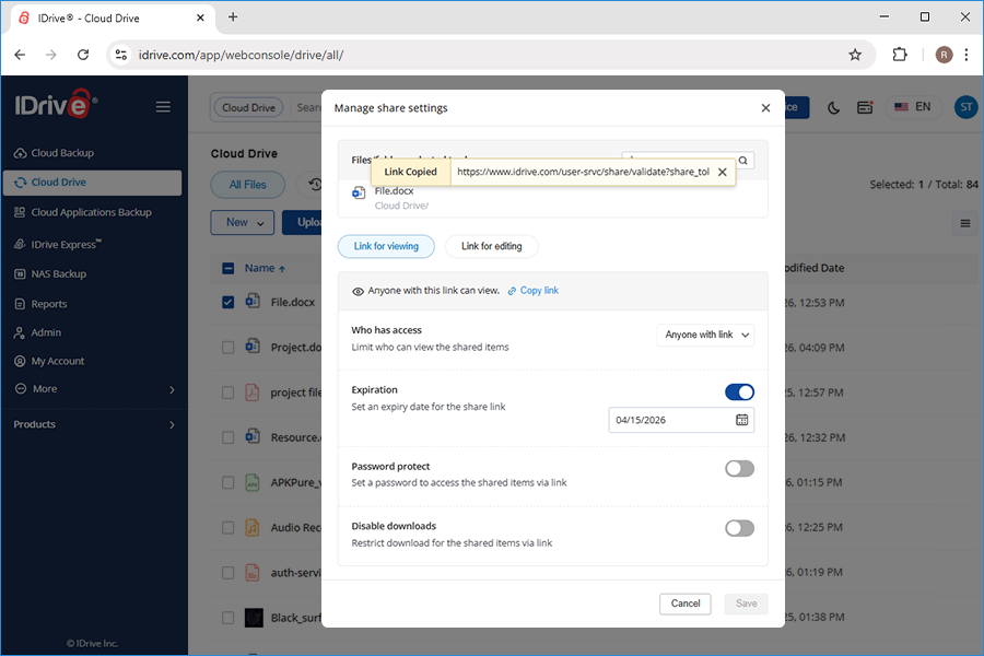 Copy share link to clipboard screenshot